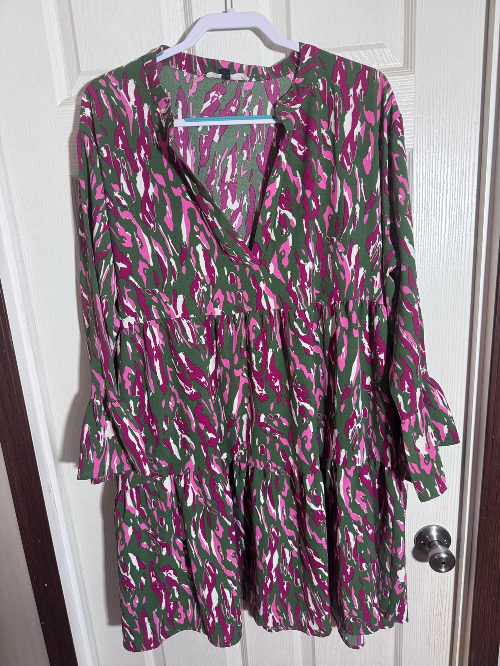 Tiered V-Neck Long Sleeve Dress in Green and Pink Print
